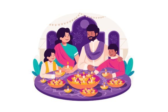Download Family Celebrate Diwali Illustration - Diwali Collection