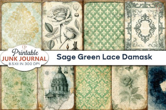 Download Sage Green Lace Damask Junk Journal Page - Premium Bundle